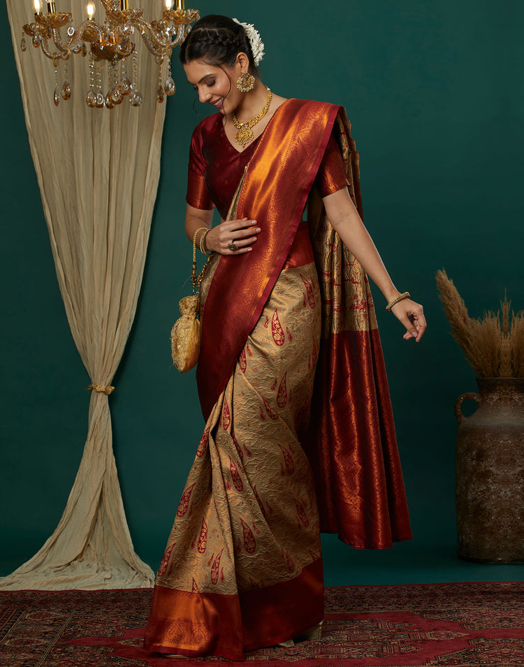 Beige Silk Woven Banarasi Saree