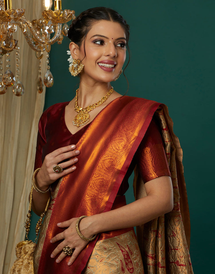 Beige Silk Woven Banarasi Saree