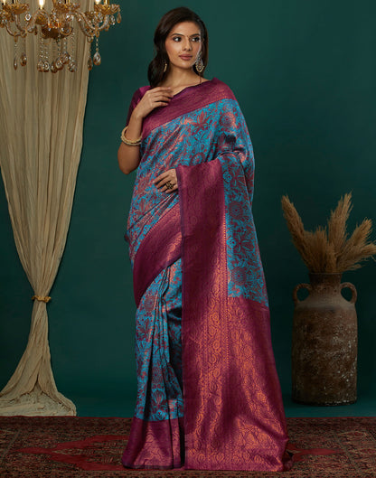 Teal Blue Silk Weaving Banarasi Saree