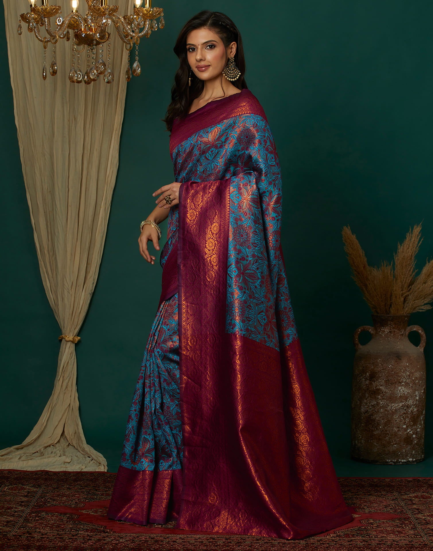 Teal Blue Silk Weaving Banarasi Saree