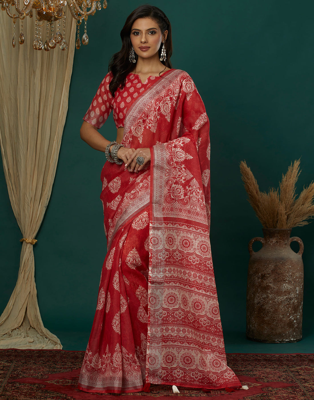 Red Cotton Printed Saree