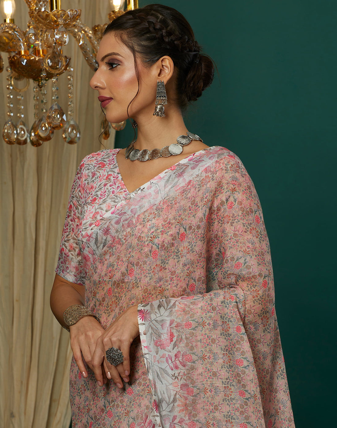 Beige Cotton Blend Printed Saree