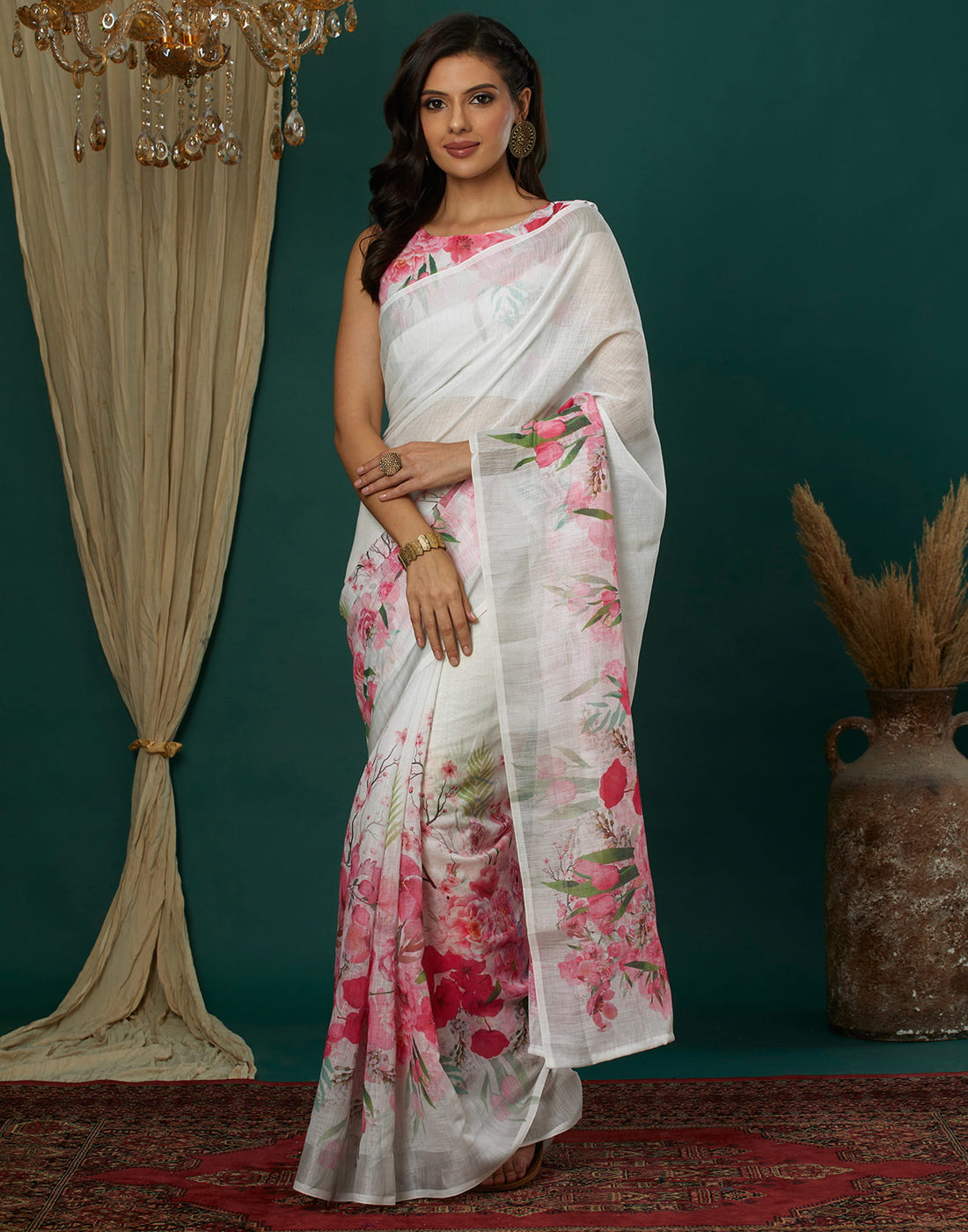 White Cotton Blend Printed Saree