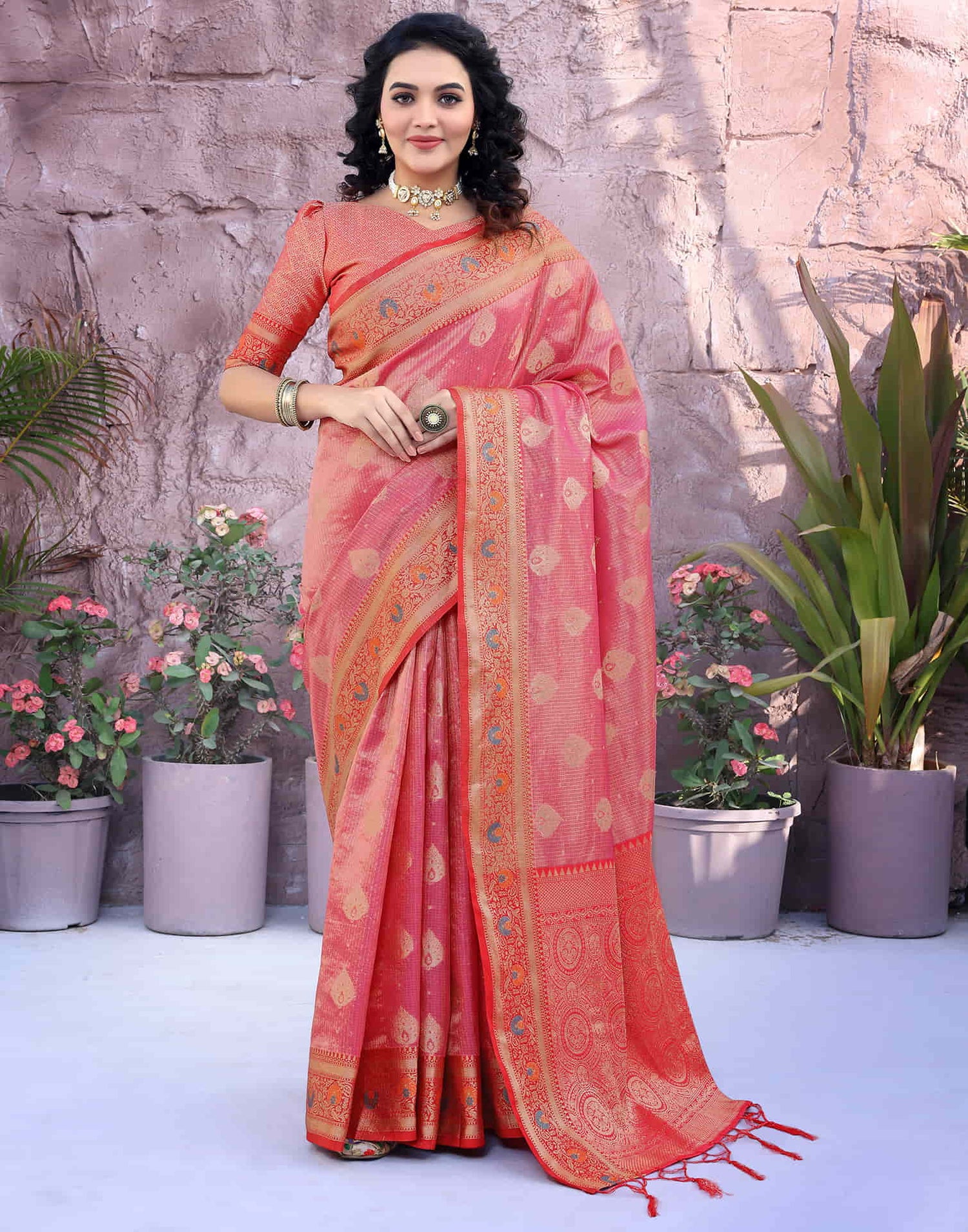 Rose Pink Silk Weaving Banarasi Saree