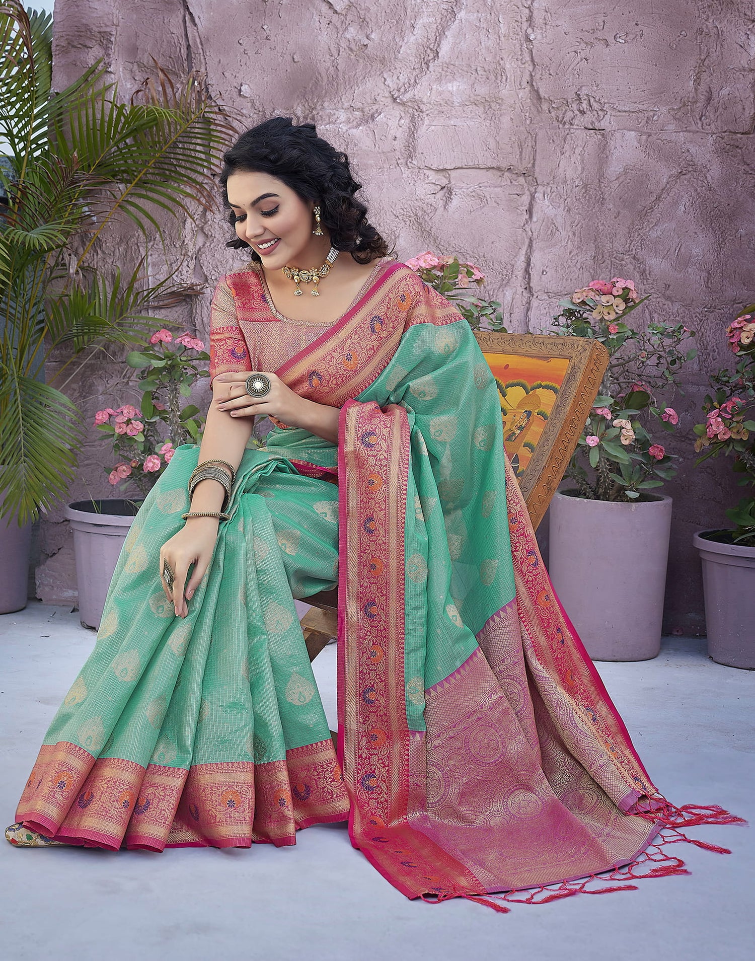 Turquoise Silk Weaving Banarasi Saree