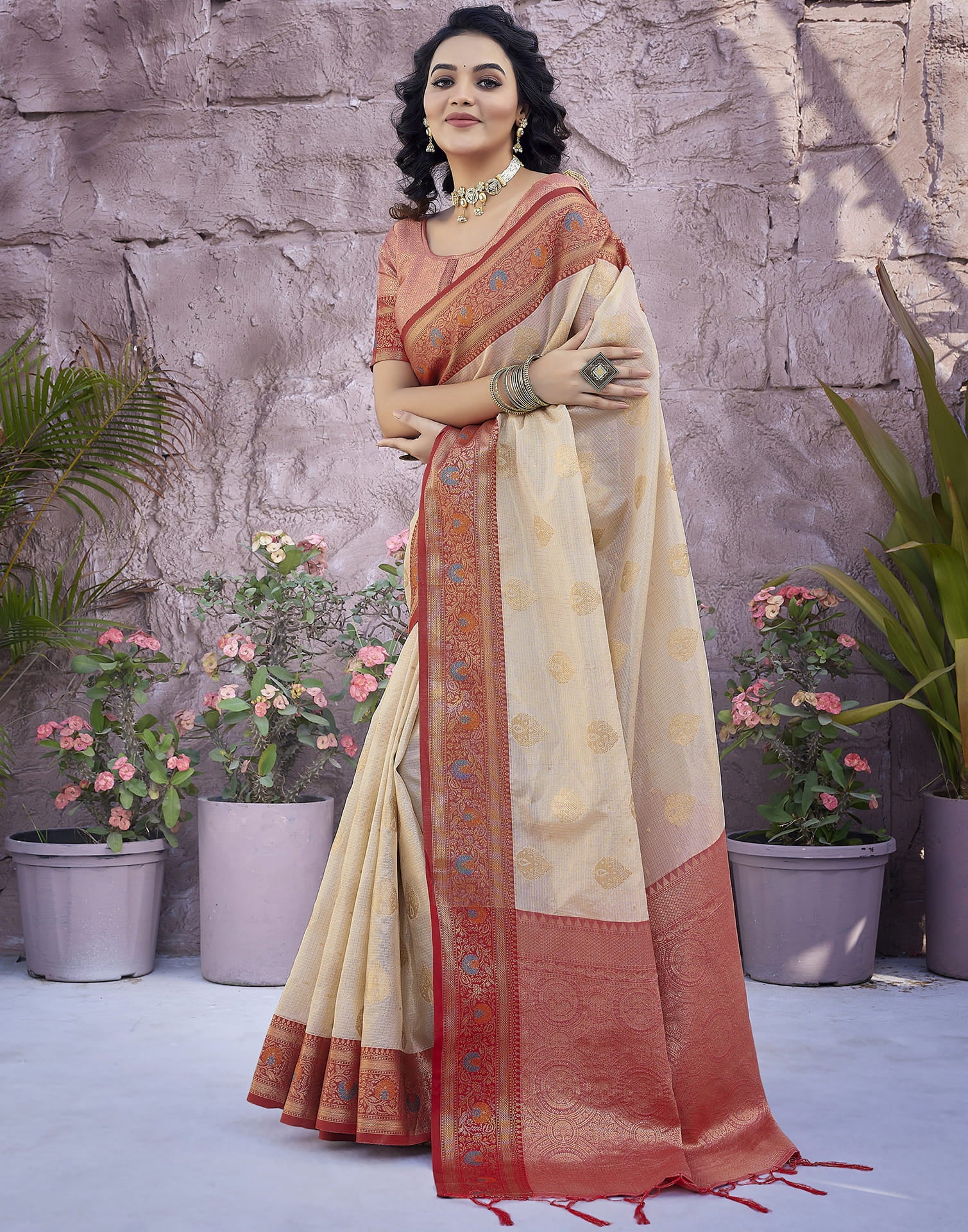 Beige Silk Weaving Banarasi Saree