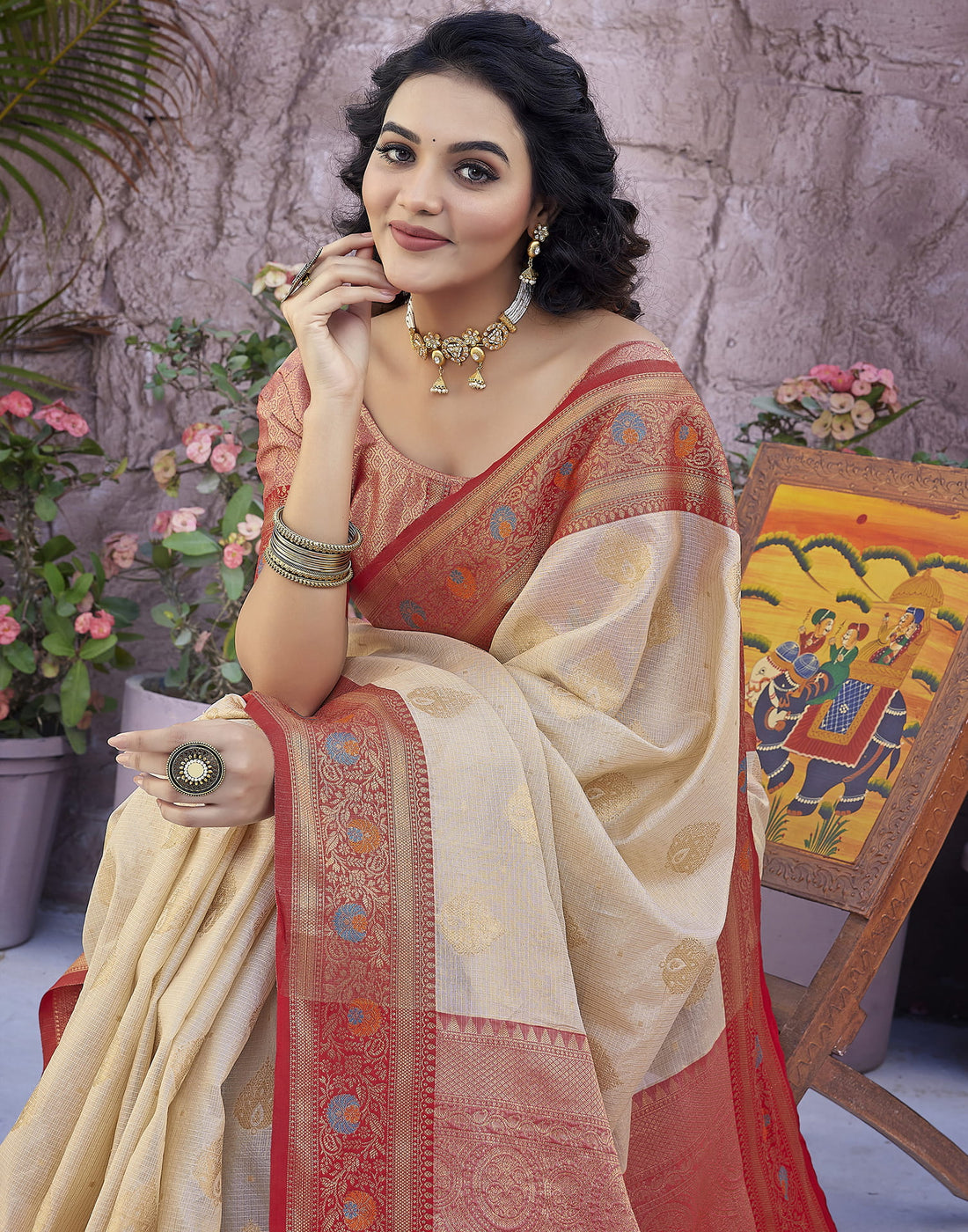 Beige Silk Blend Woven Woven Saree