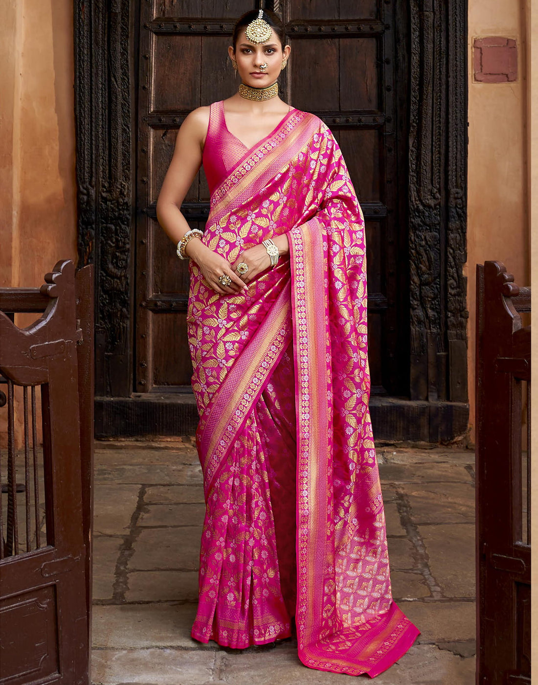 Rani Pink Viscose Banarasi Saree