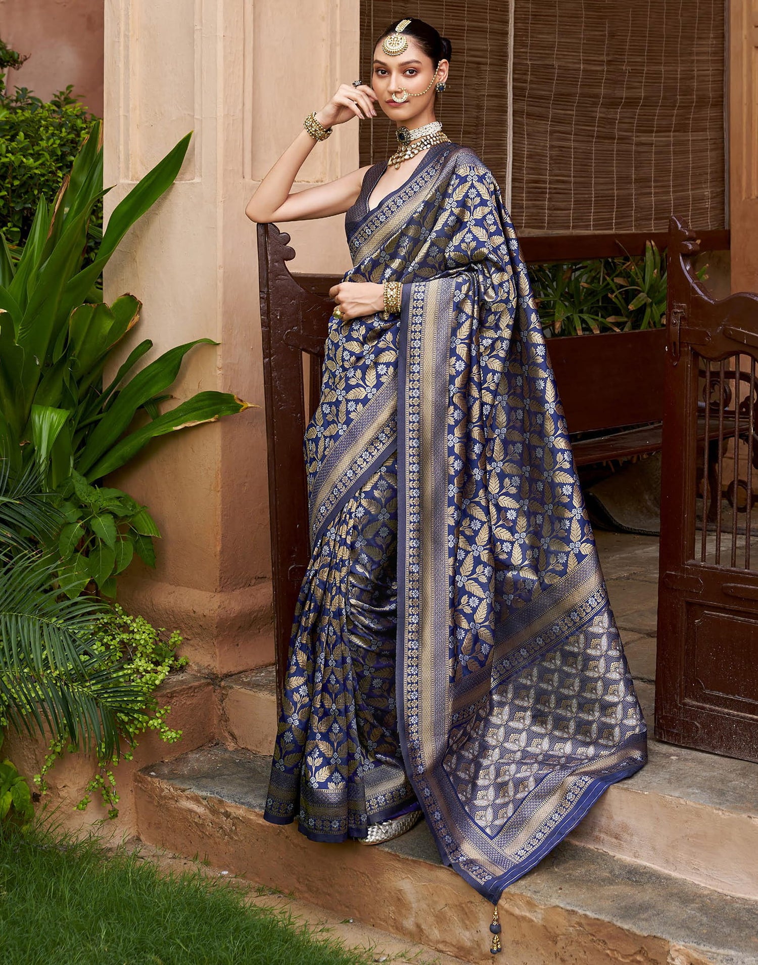 Navy Blue Viscose Banarasi Saree