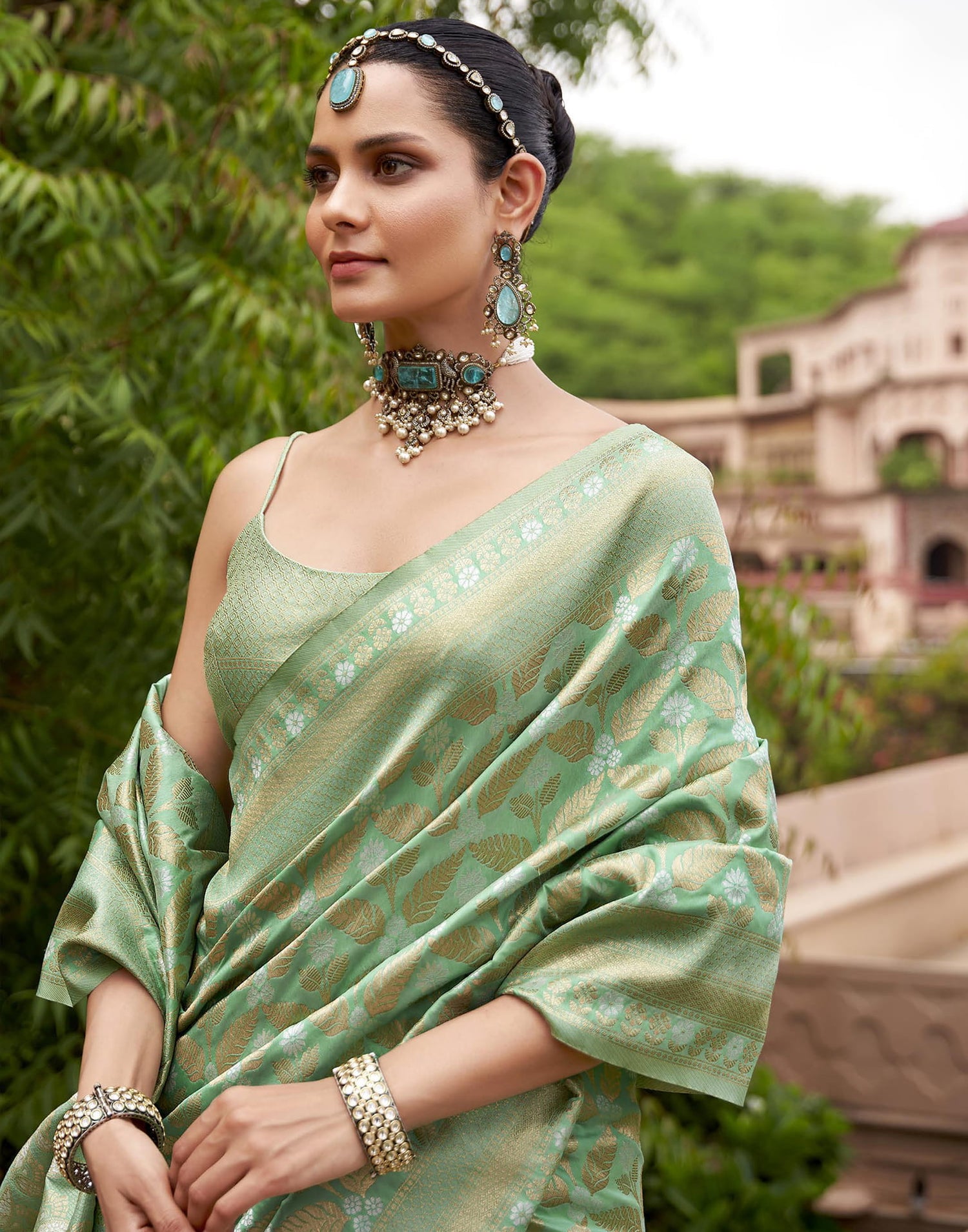 Light Pista Green Viscose Banarasi Saree