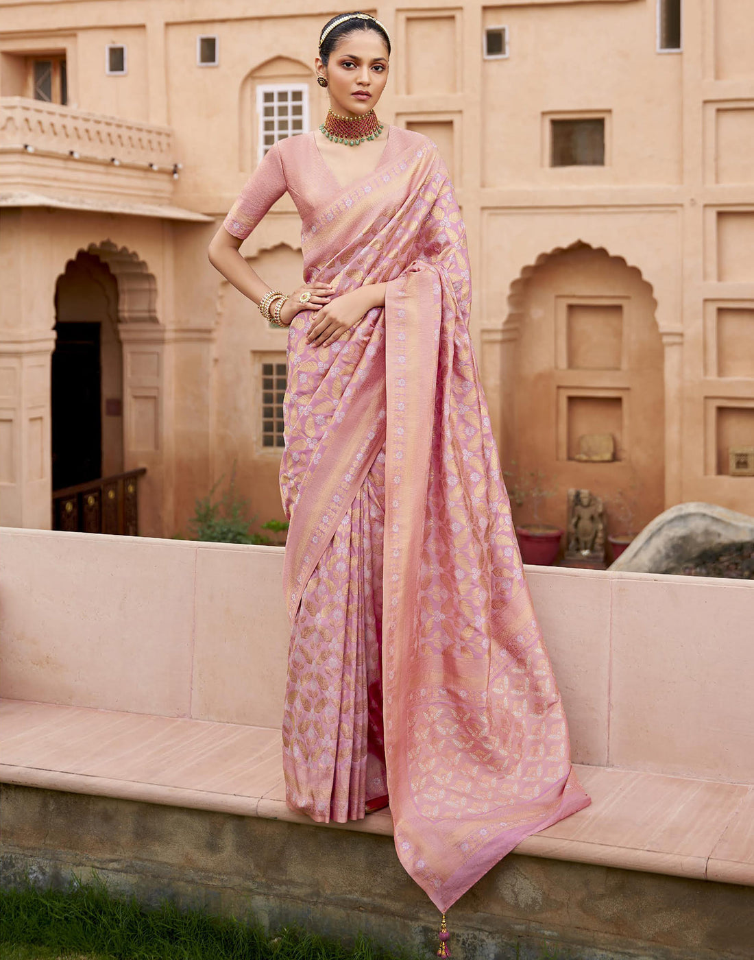 Baby Pink Viscose Banarasi Saree