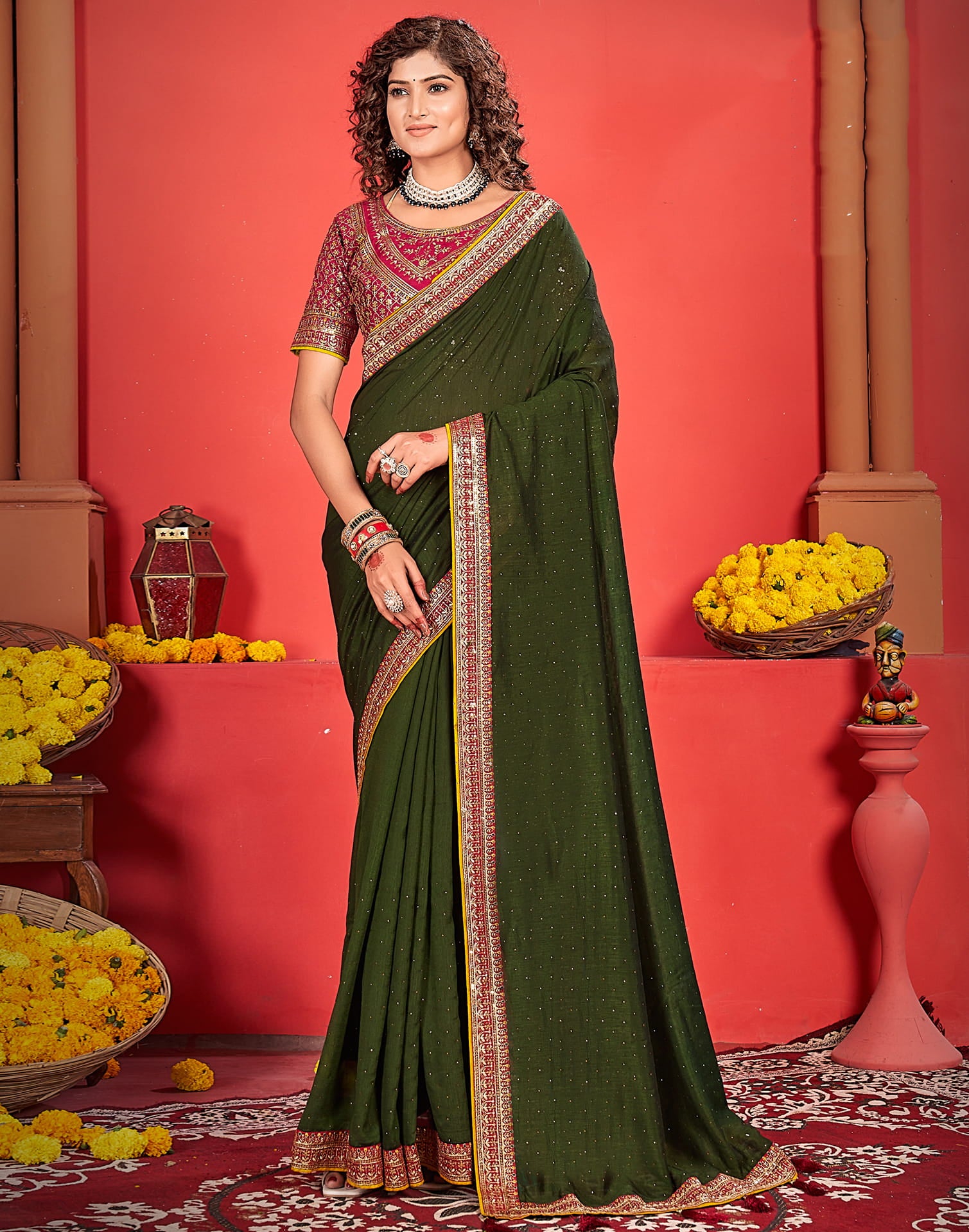 Olive Green Silk Stone Work Embellished  Saree