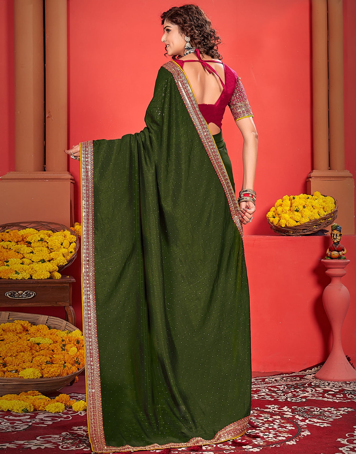 Olive Green Silk Stone Work Embellished  Saree