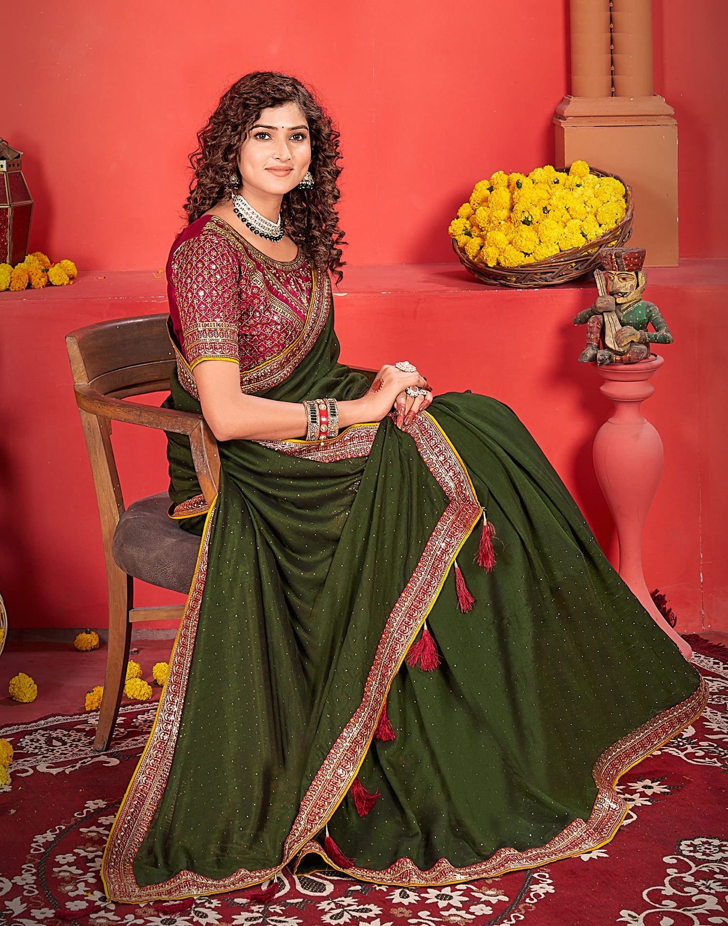 Olive Green Silk Stone Work Embellished  Saree