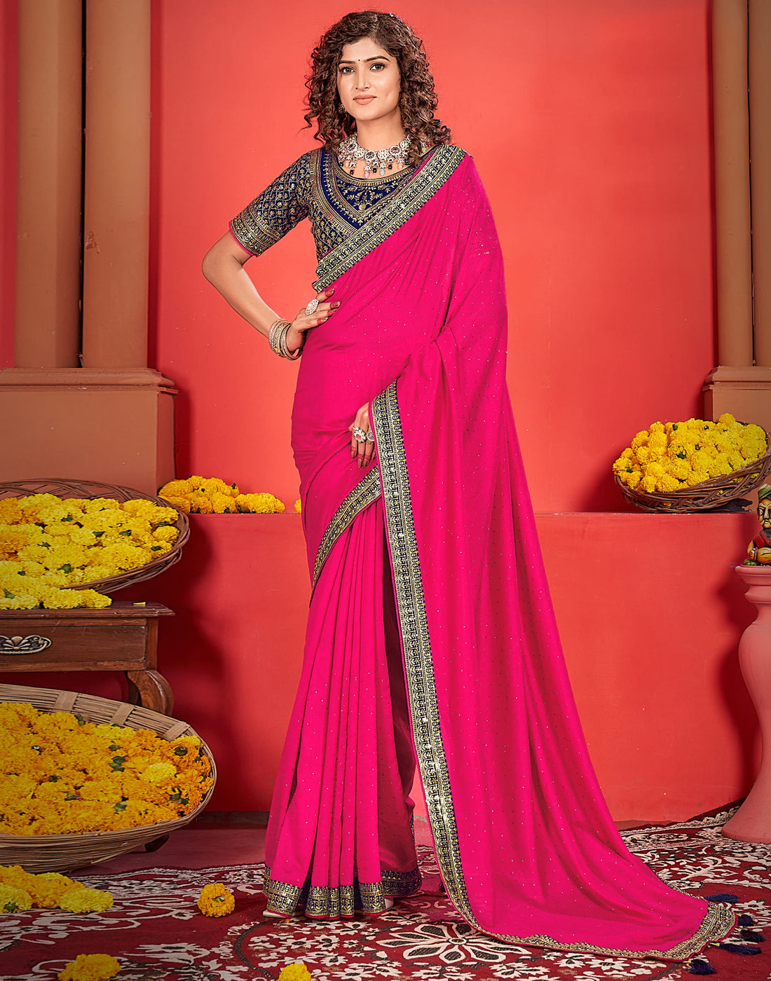 Bright Pink Silk Stone Work Embellished  Saree