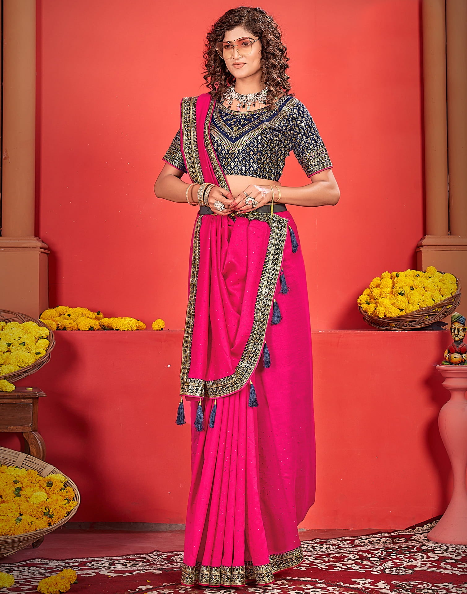 Bright Pink Silk Stone Work Embellished  Saree