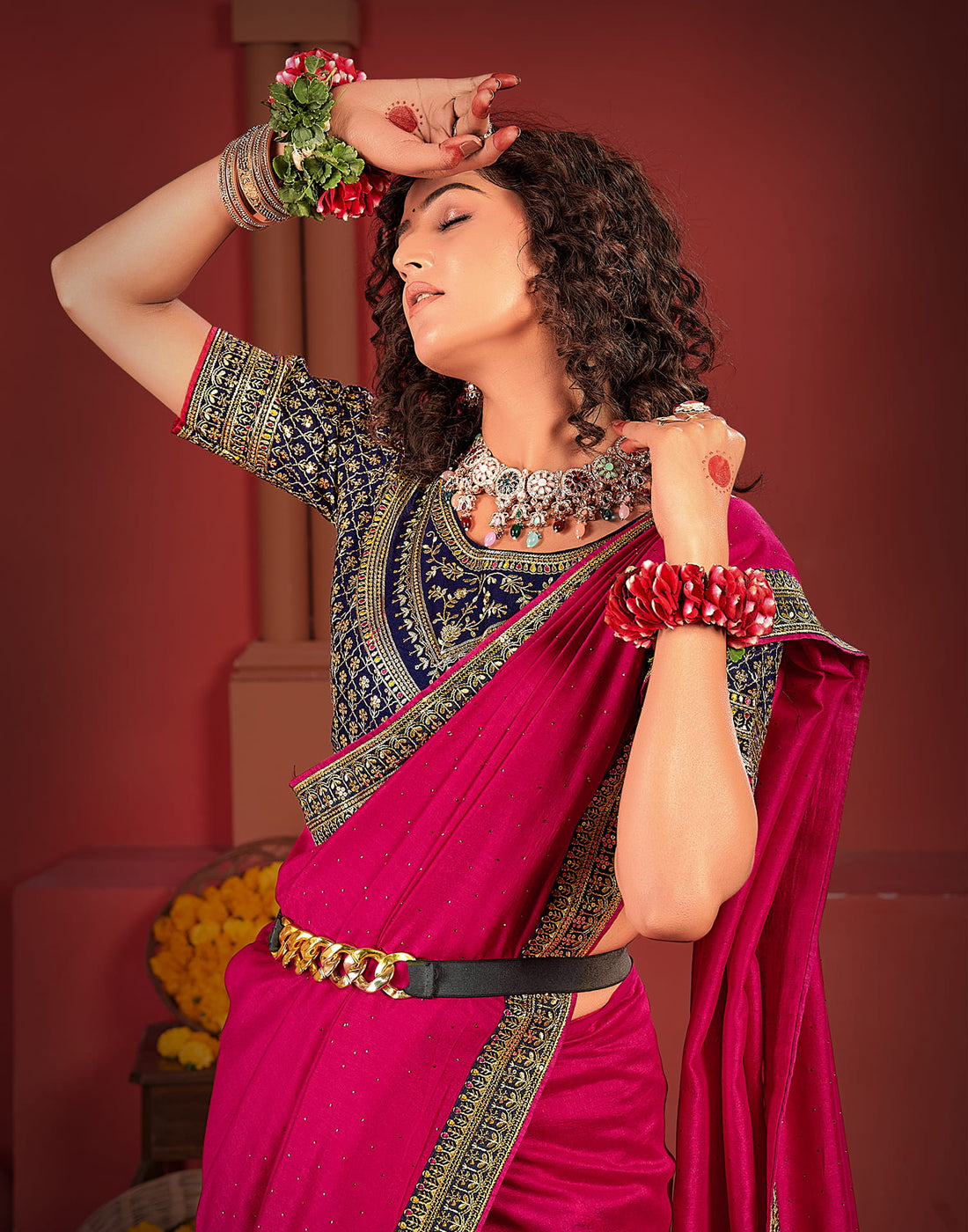 Bright Pink Silk Stone Work Embellished  Saree