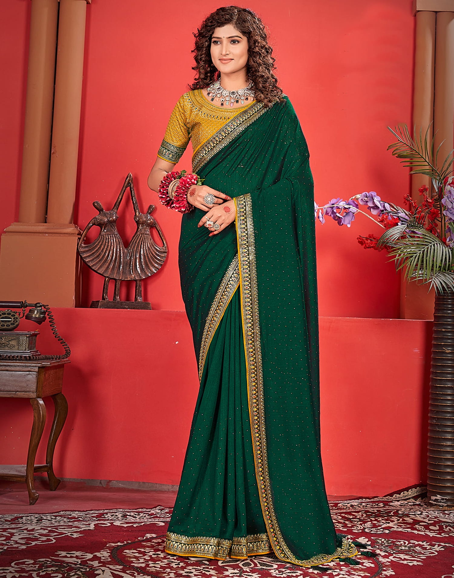 Dark Green Silk Stone Work Embellished  Saree