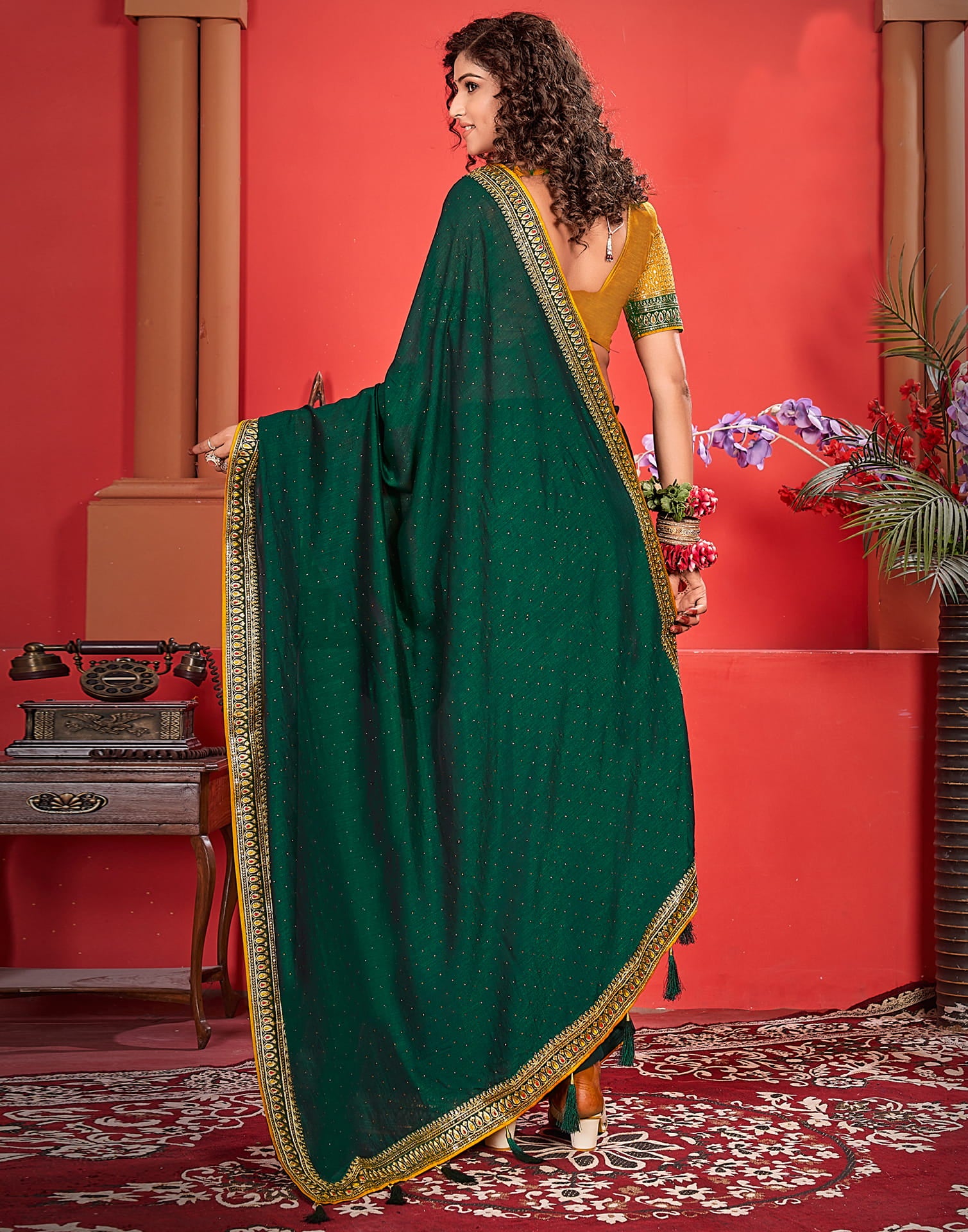 Dark Green Silk Stone Work Embellished  Saree