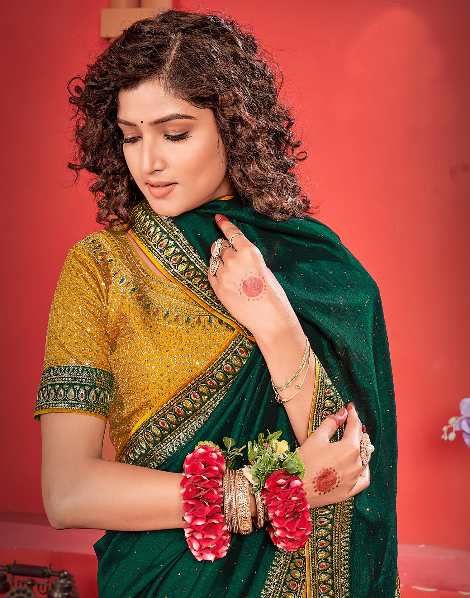 Dark Green Silk Stone Work Embellished  Saree