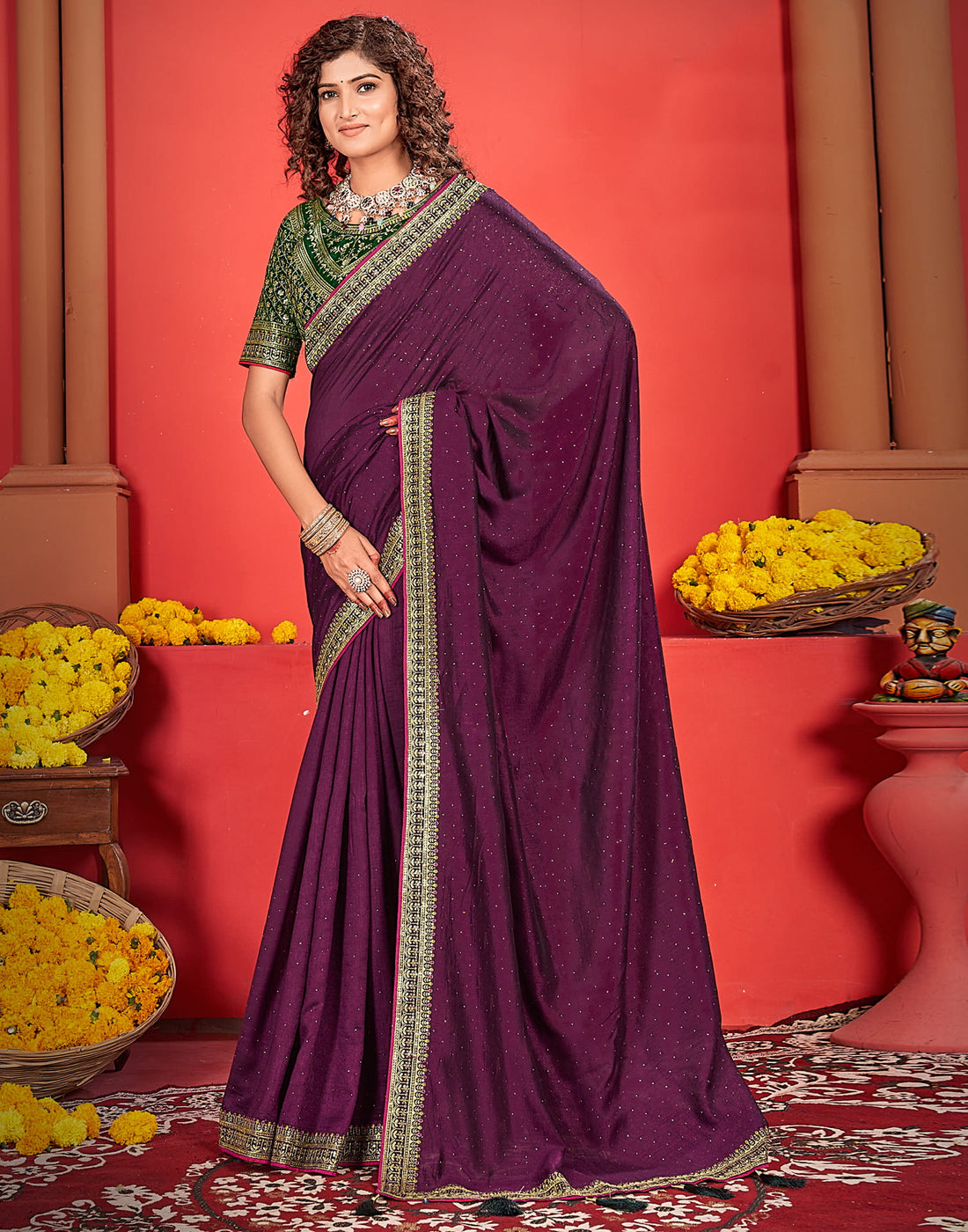 Wine Silk Stone Work Embellished  Saree