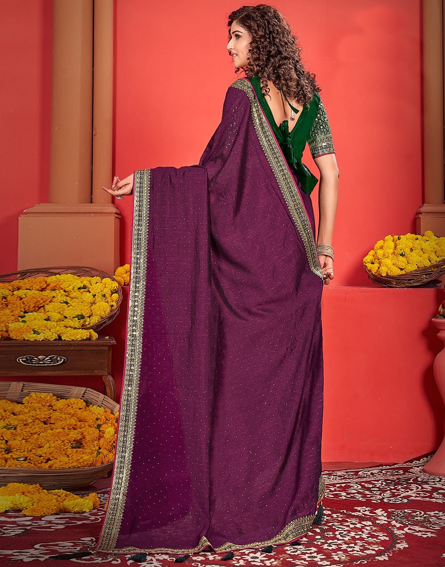 Wine Silk Stone Work Embellished  Saree