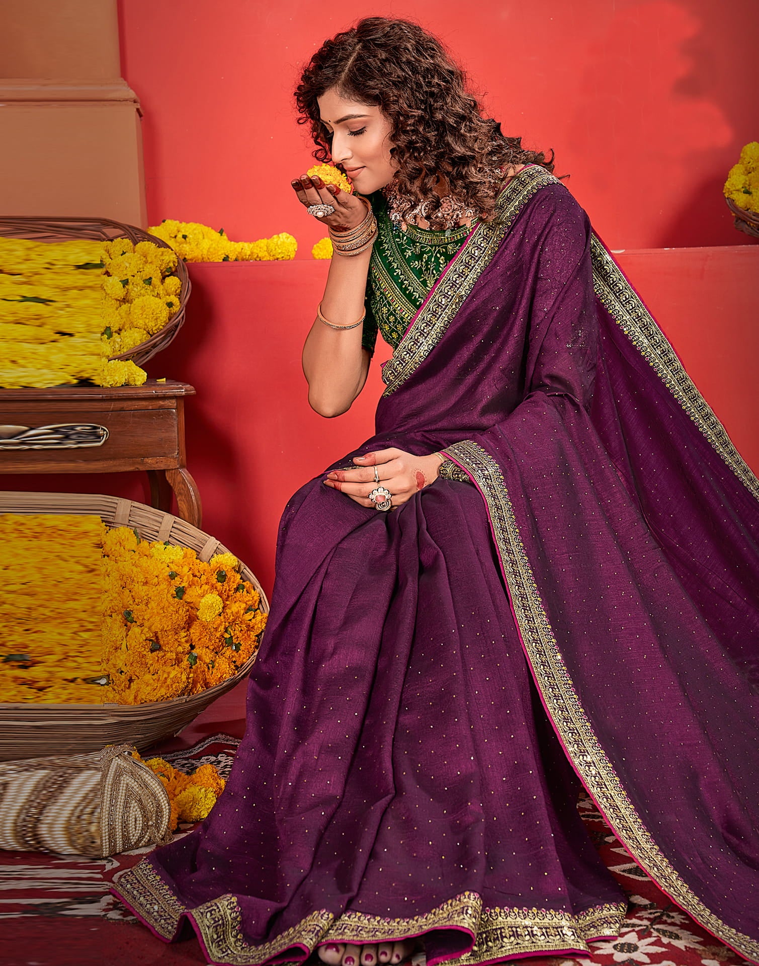 Wine Silk Stone Work Embellished  Saree