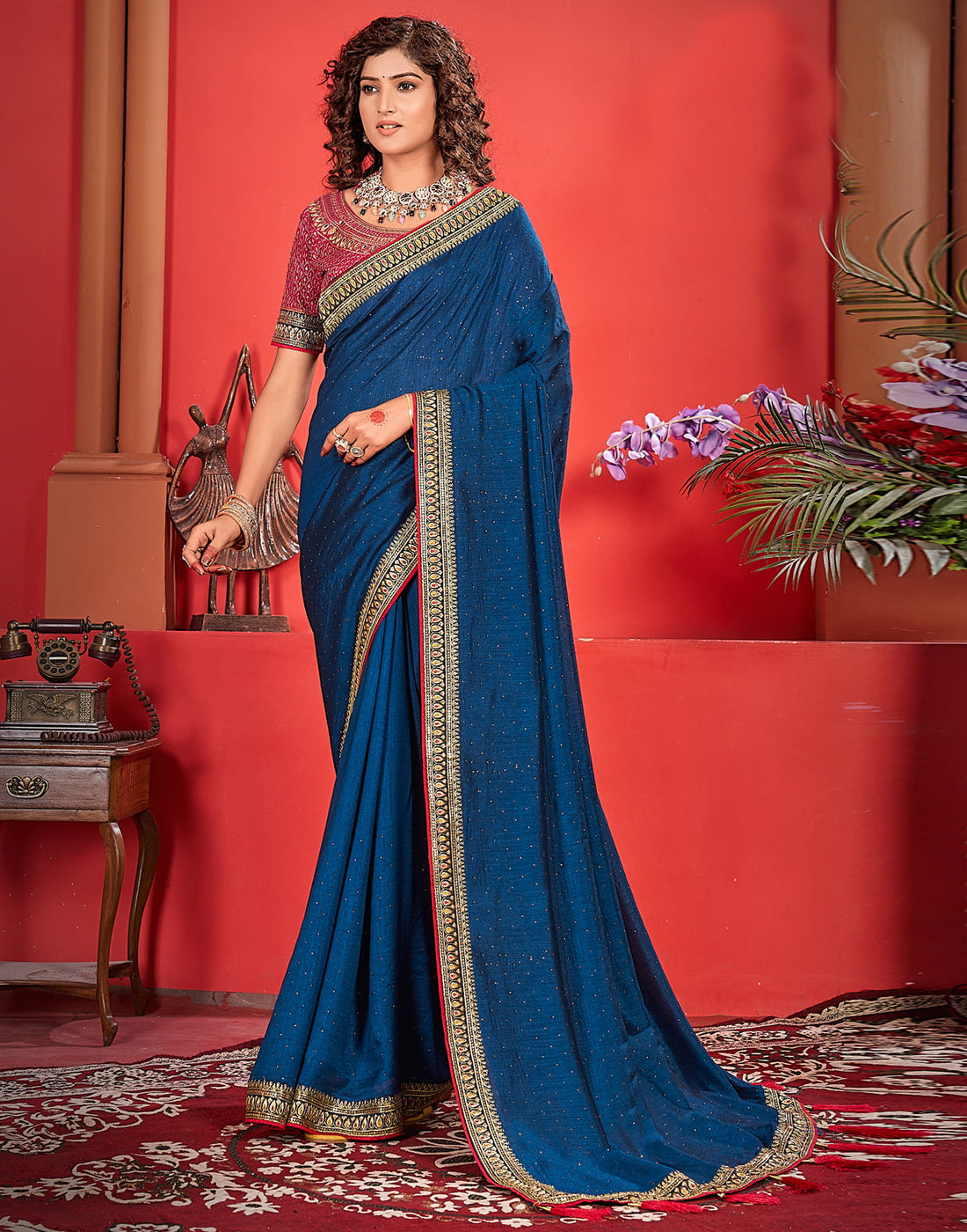 Rama Blue Silk Stone Work Embellished  Saree