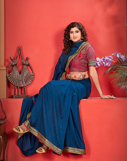 Rama Blue Silk Stone Work Embellished  Saree