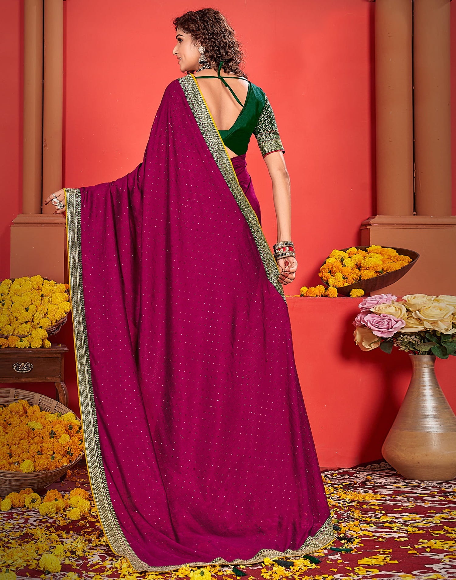 Rani Pink Silk Stone Work Embellished  Saree