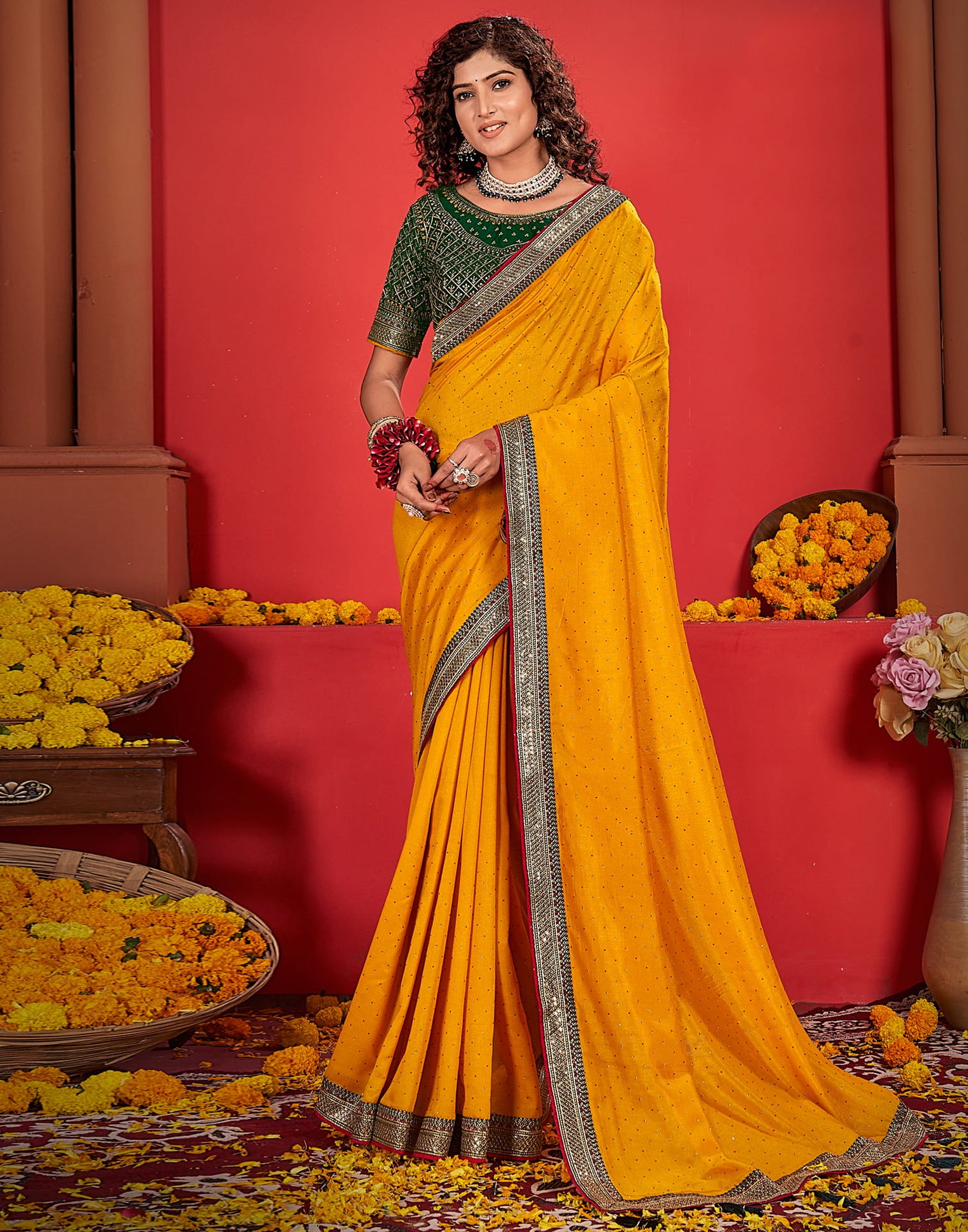 Yellow Silk Stone Work Embellished  Saree