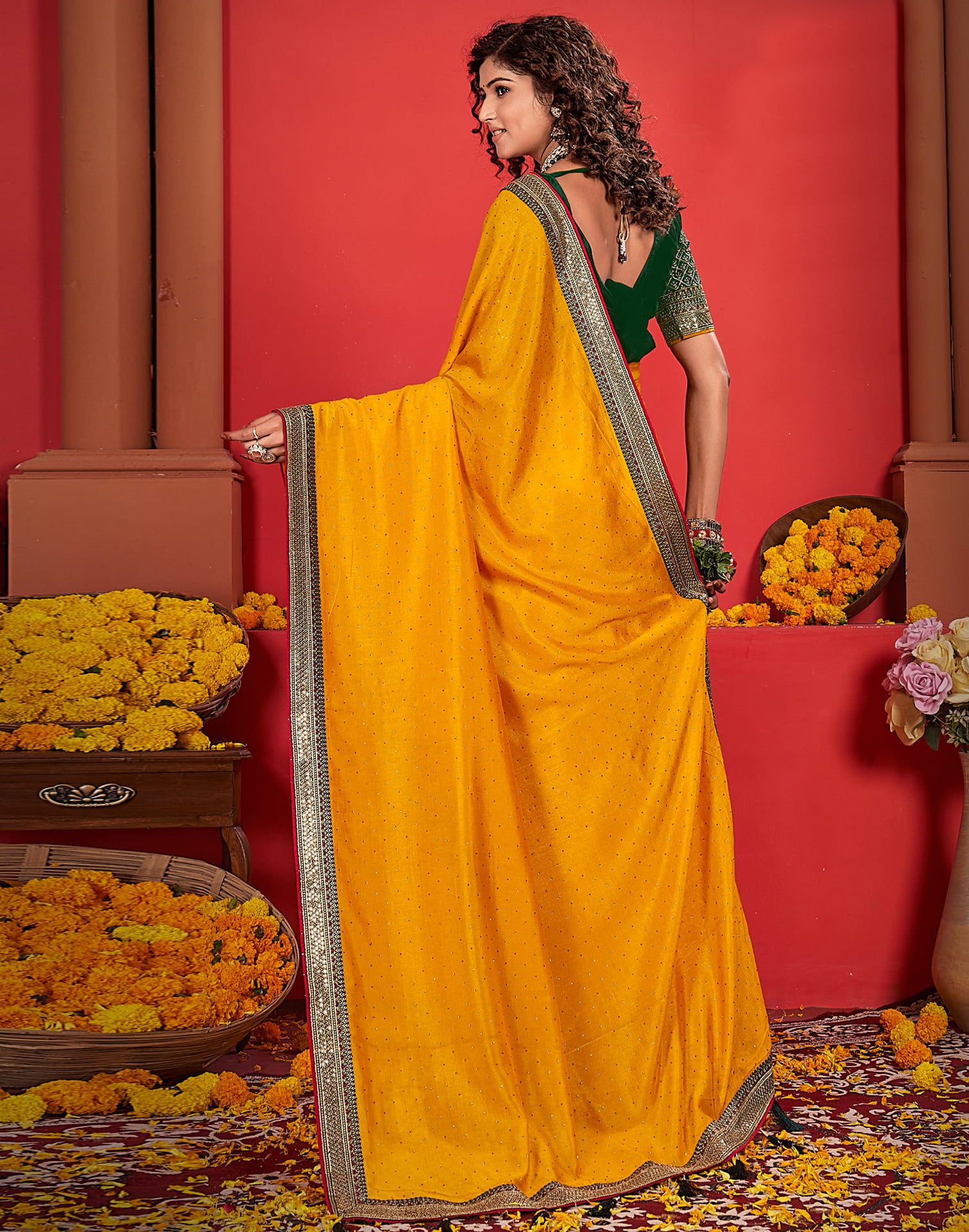 Yellow Silk Stone Work Embellished  Saree