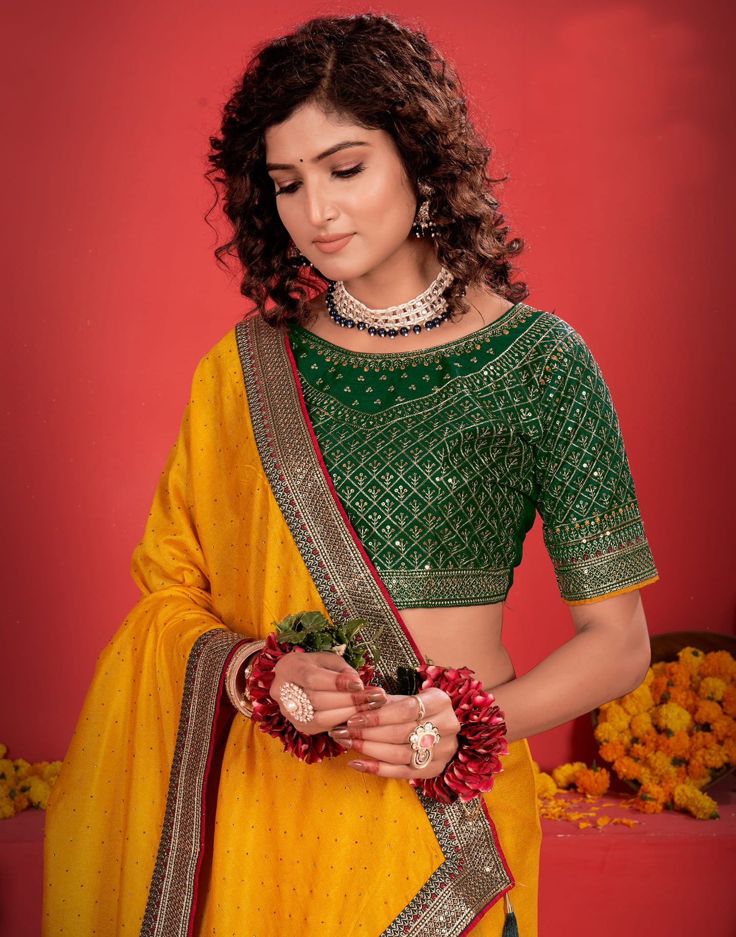 Yellow Silk Stone Work Embellished  Saree