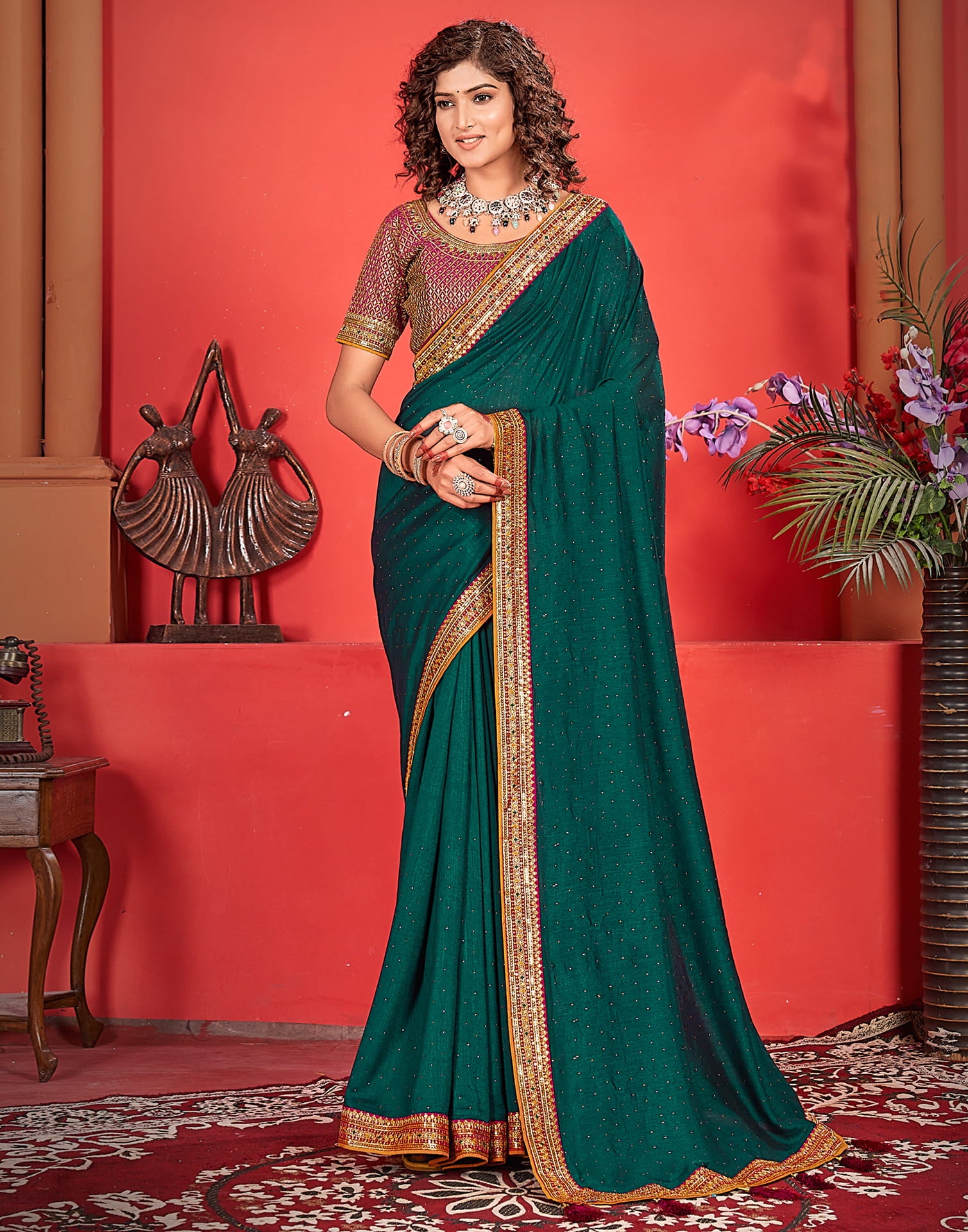 Rama Green Silk Stone Work Embellished  Saree