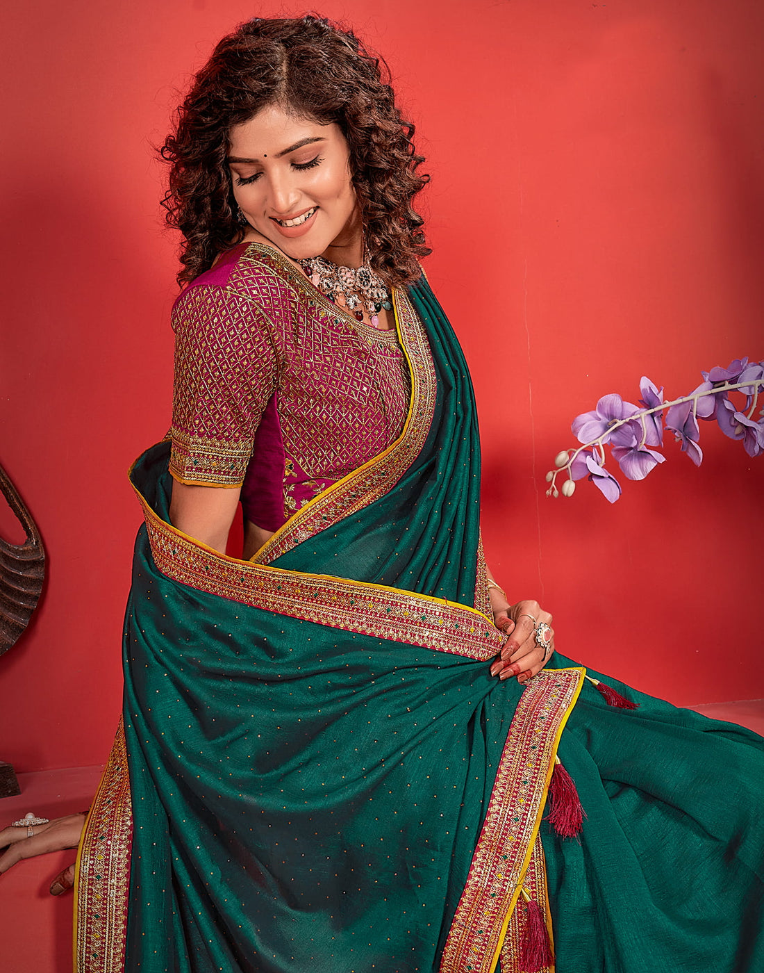 Rama Green Silk Stone Work Embellished  Saree