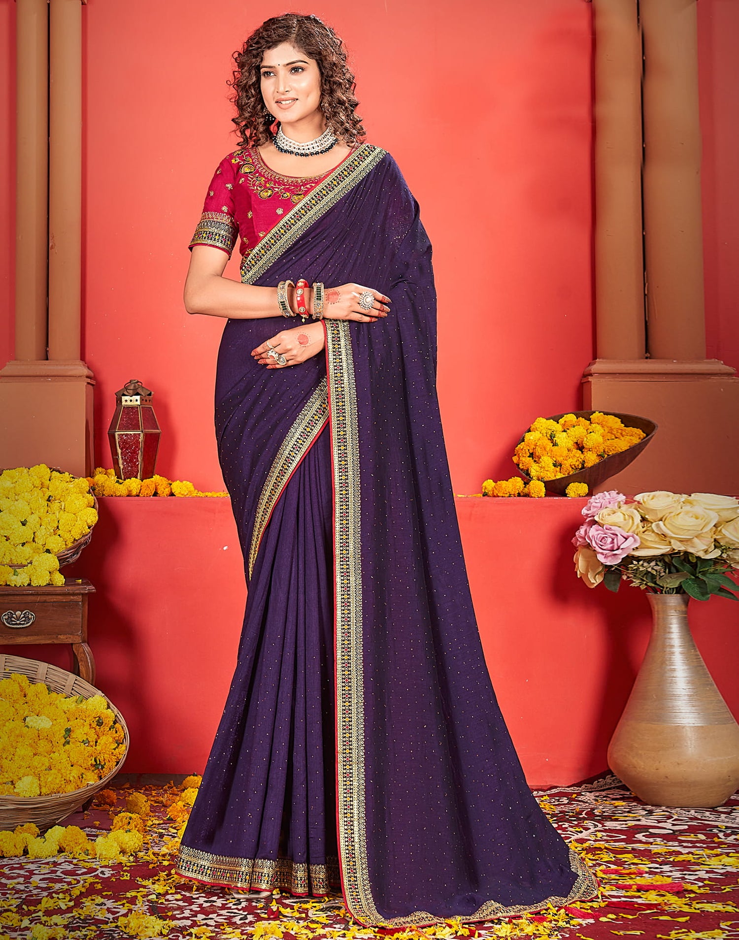 Dark Purple Silk Stone Work Embellished  Saree