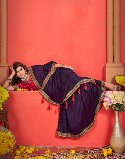 Dark Purple Silk Stone Work Embellished  Saree