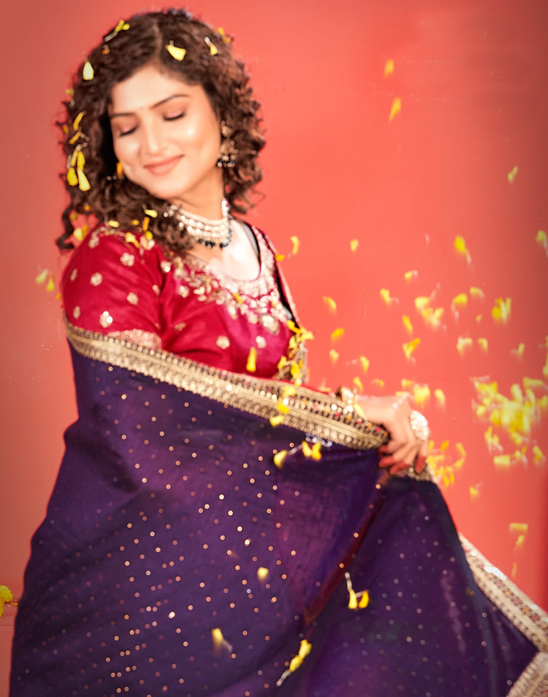 Dark Purple Silk Stone Work Embellished  Saree