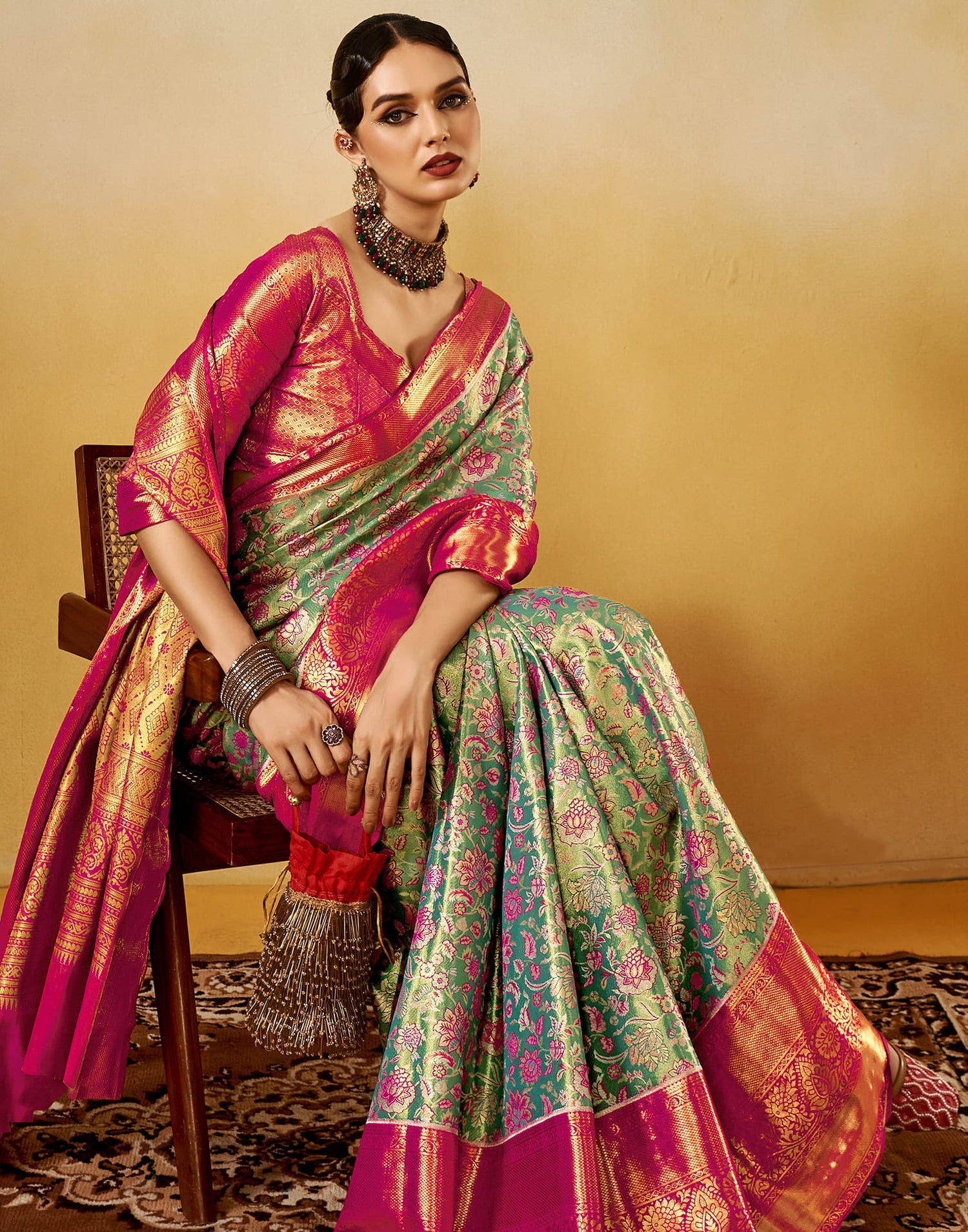 Teal Green Silk Banarasi Saree