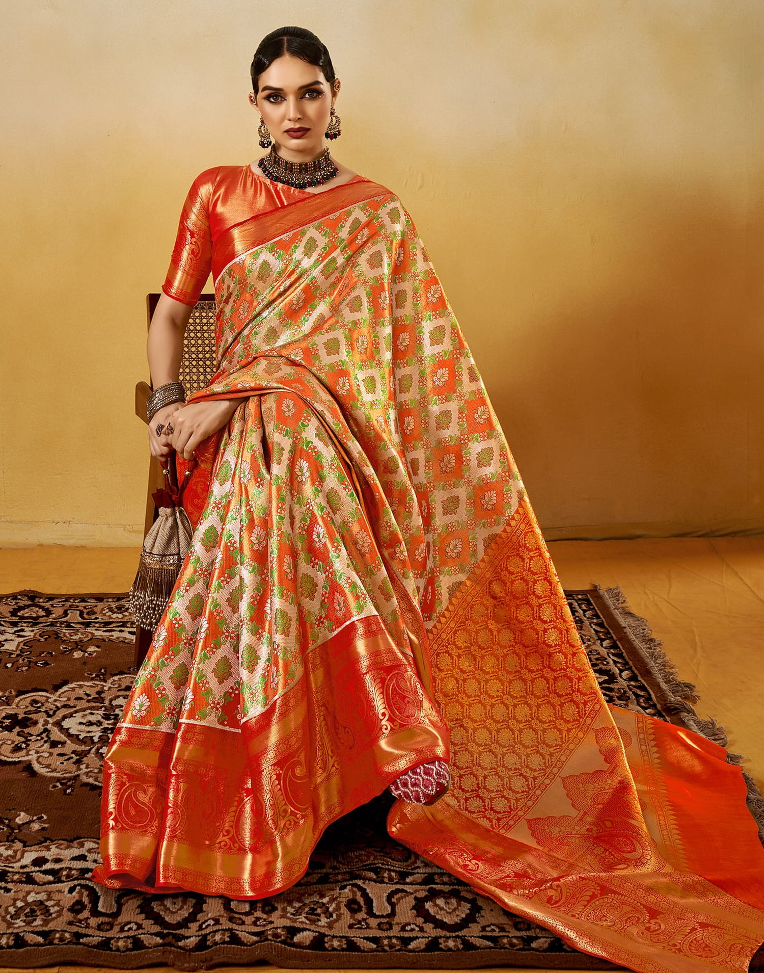 Orange Silk Banarasi Saree