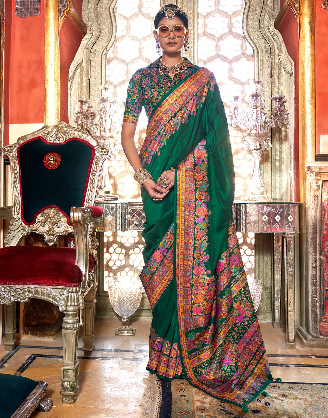 Dark Green Silk Weaving Printed Saree