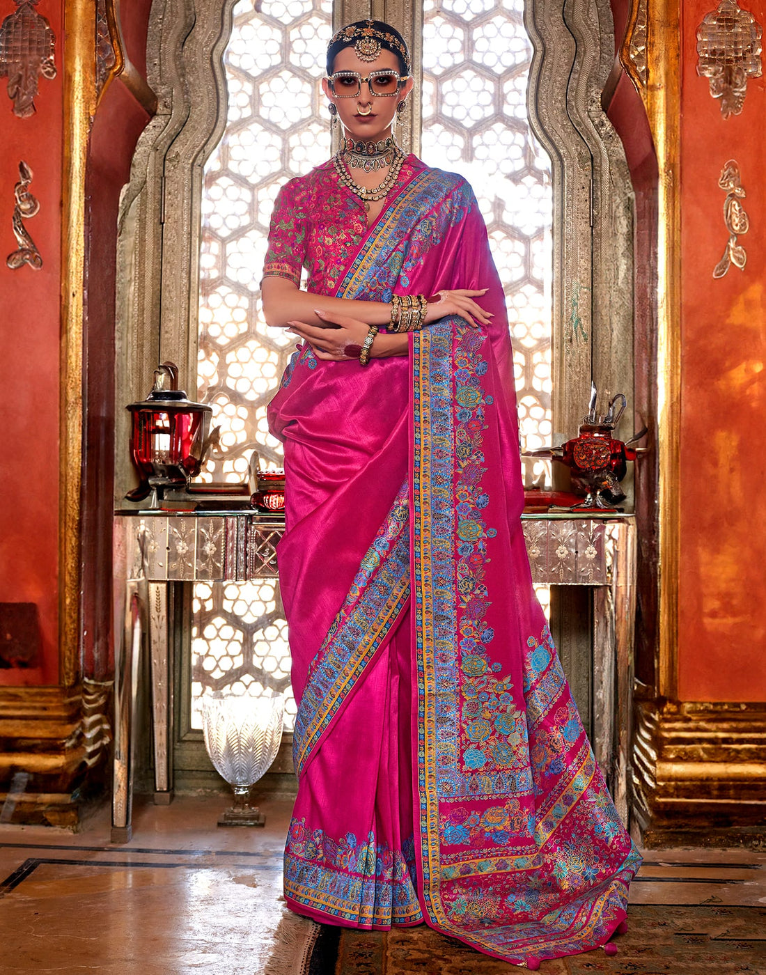 Magenta Silk Weaving Printed Saree