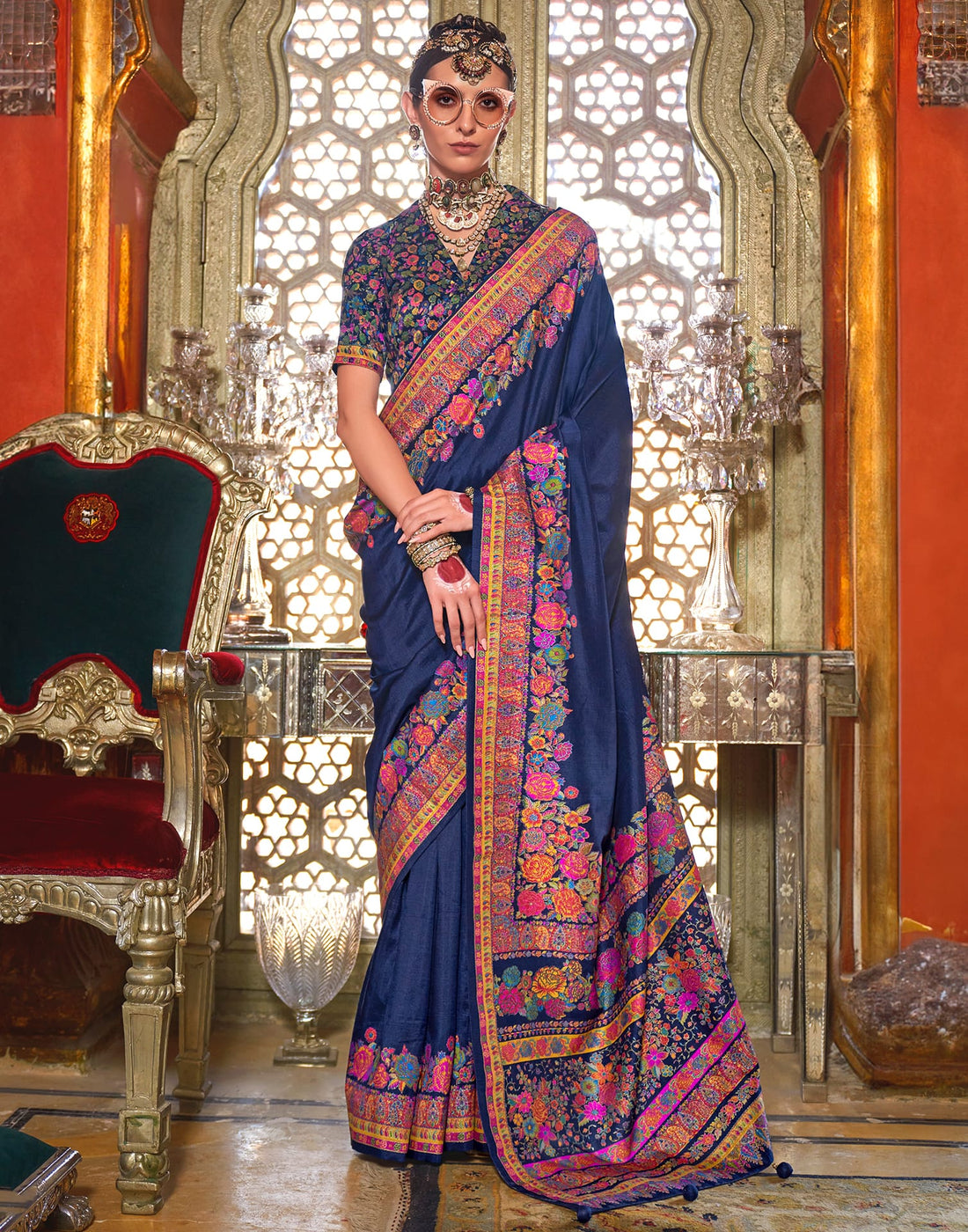 Navy Blue Silk Weaving Printed Saree