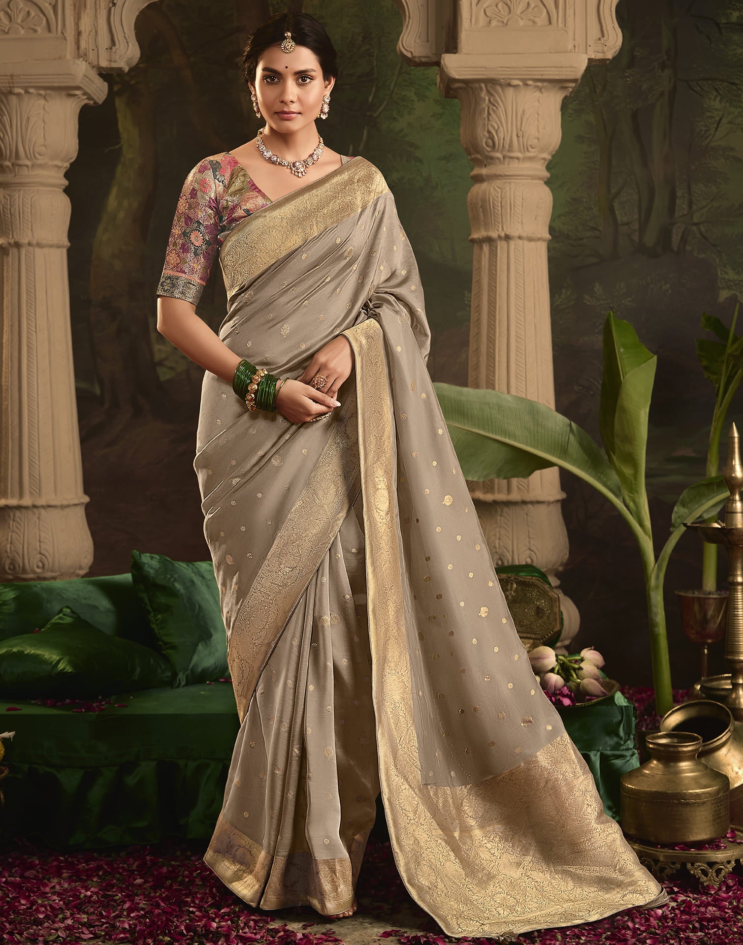 Stone Grey Silk Banarasi Saree