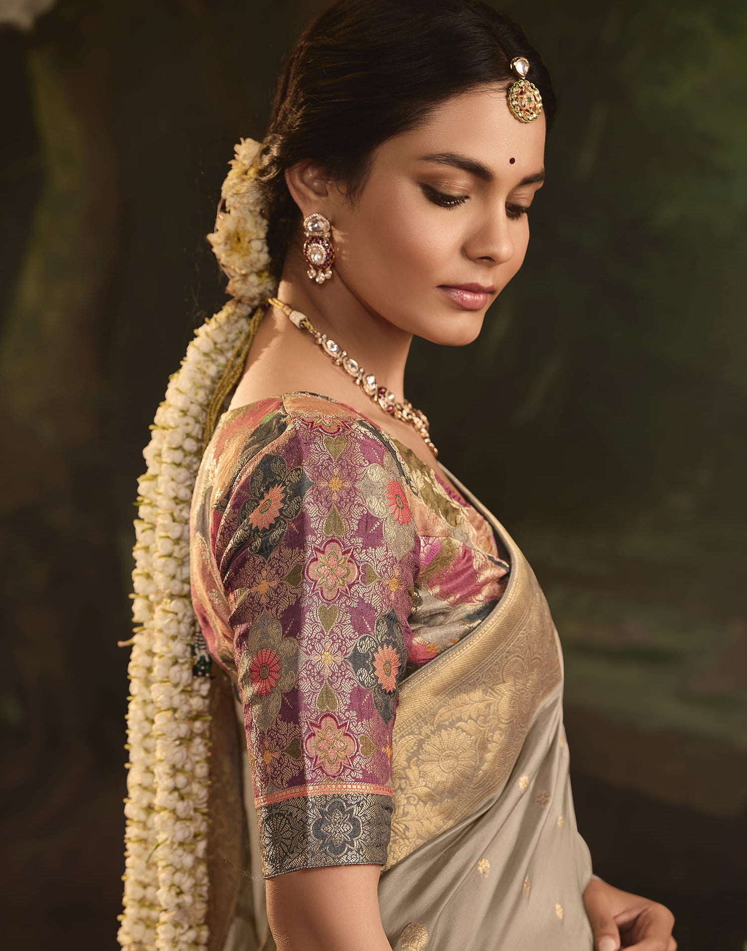 Stone Grey Silk Banarasi Saree