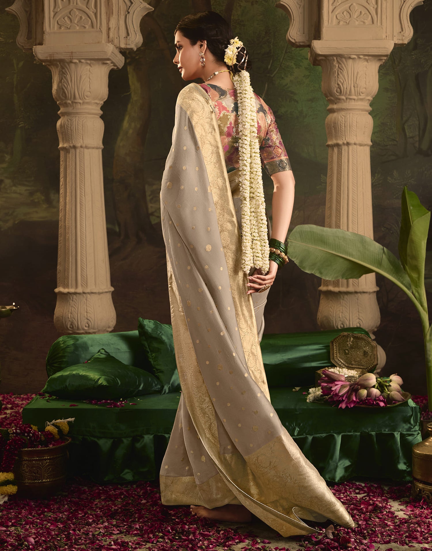 Stone Grey Silk Banarasi Saree