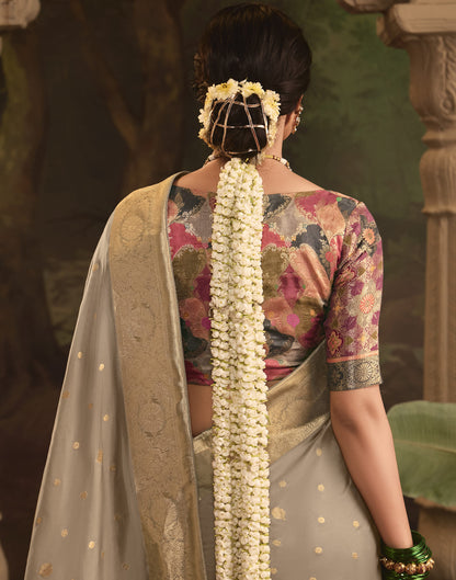 Stone Grey Silk Banarasi Saree