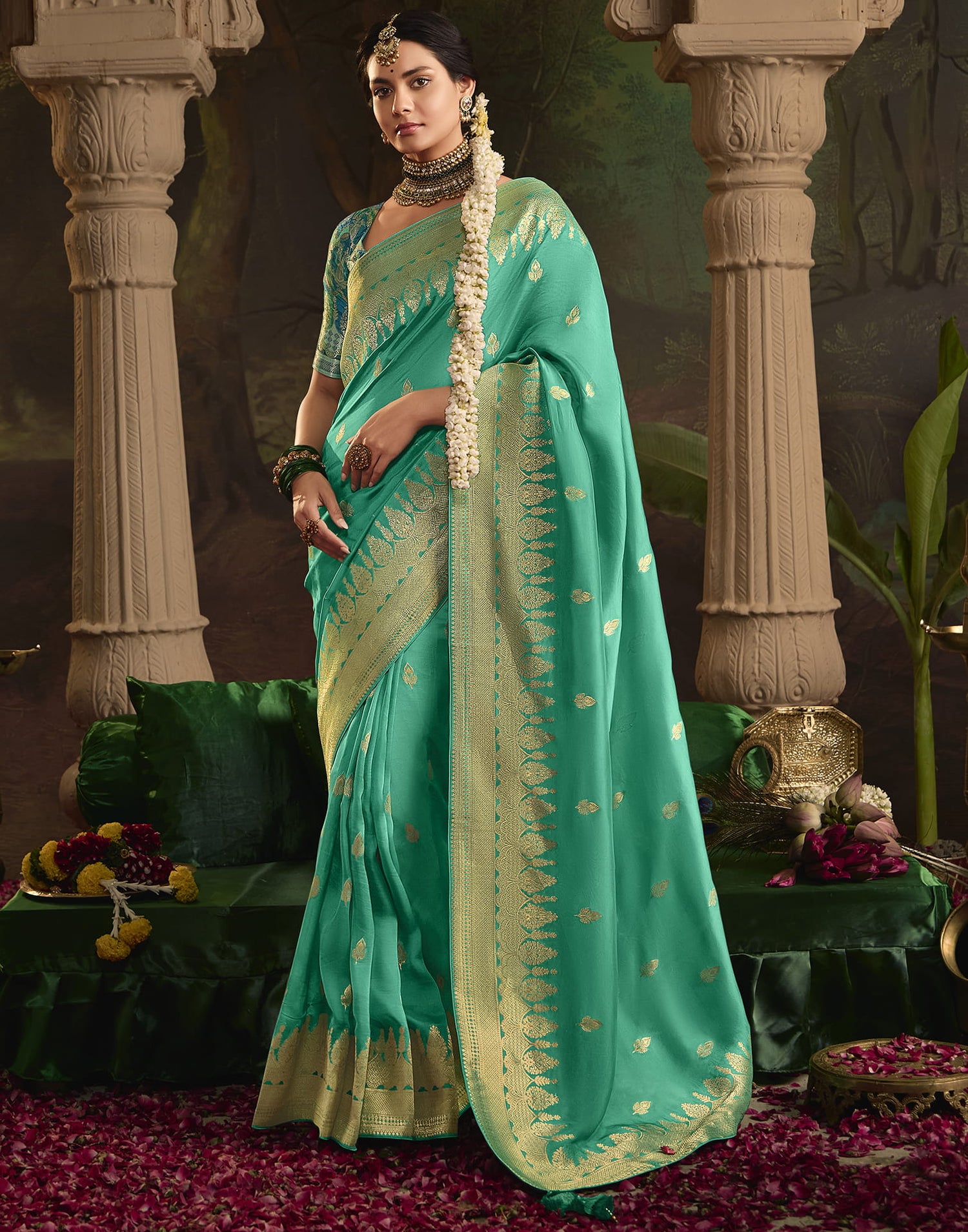 Turquoise Silk Banarasi Saree