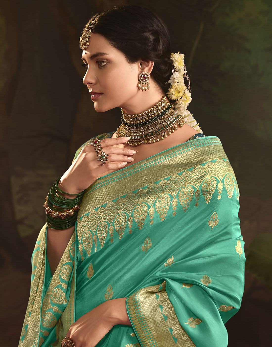 Turquoise Silk Banarasi Saree