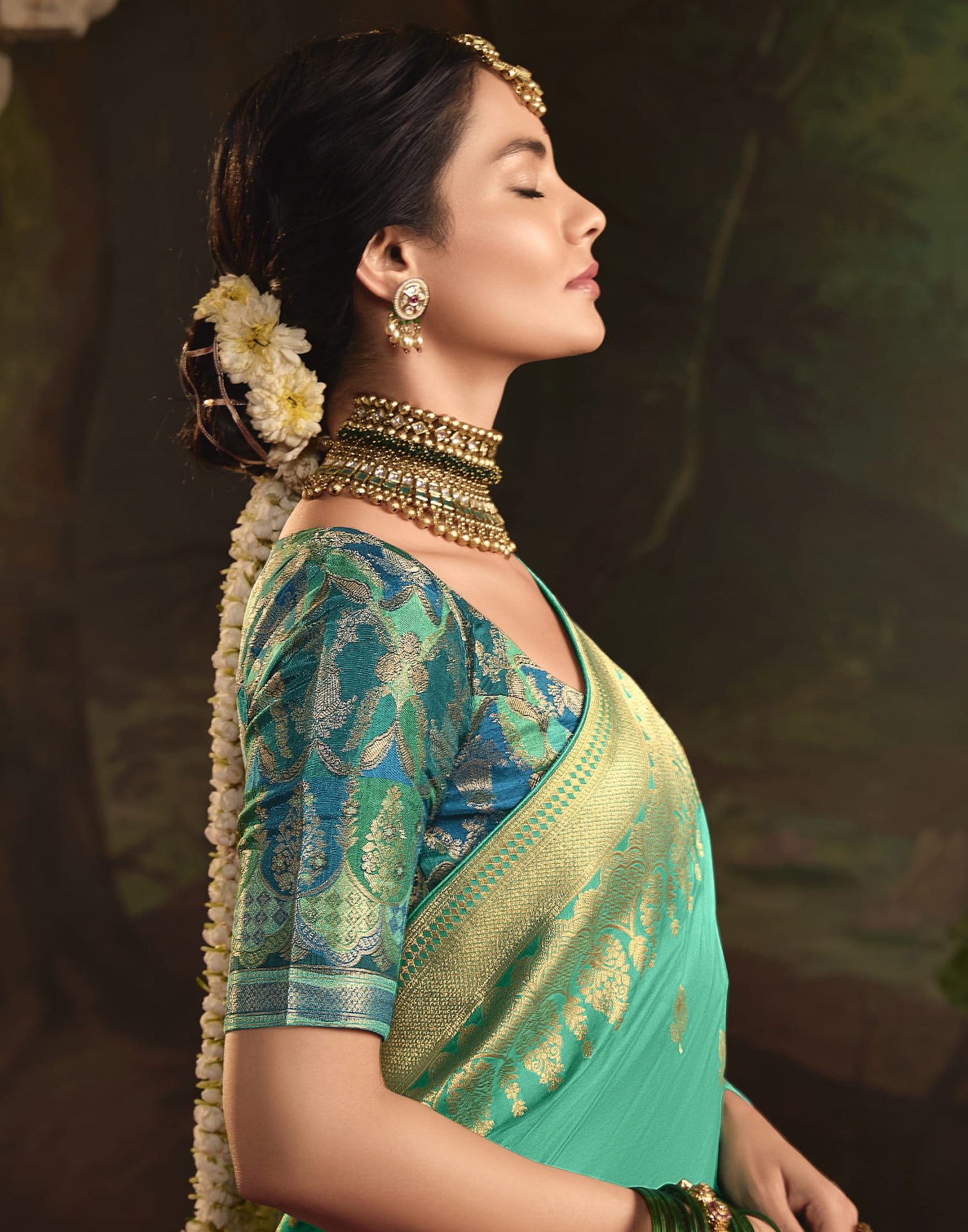 Turquoise Silk Banarasi Saree